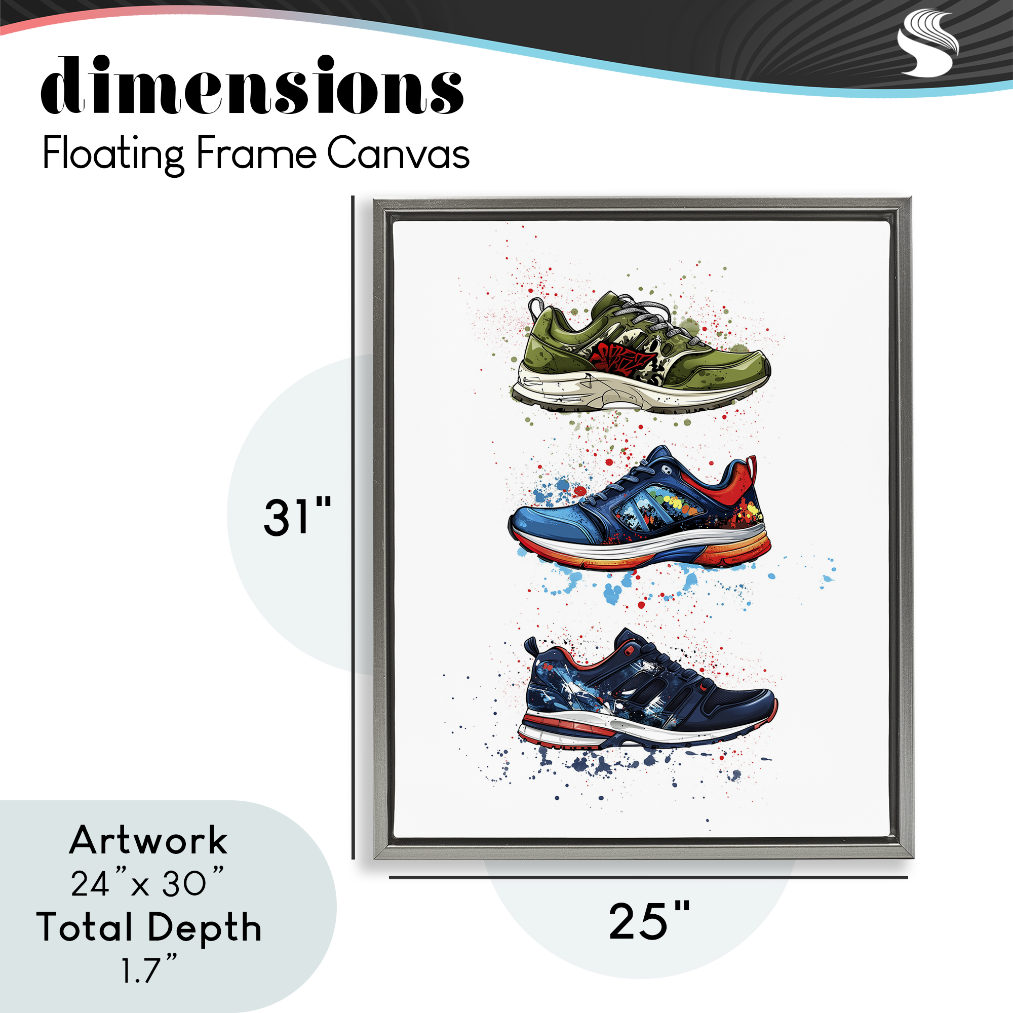 Modern Spray Sneakers Gray Framed Floater Canvas Wall Art, design by Christine Simpson Art