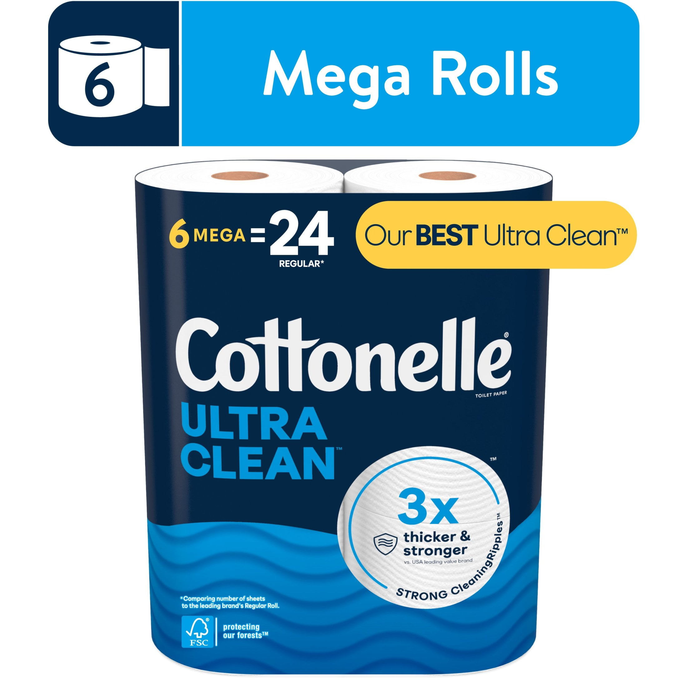 Cottonelle Ultra Clean Toilet Paper, Strong Toilet Tissue, 6 Mega Rolls