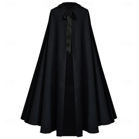 UTSJKR Unisex Adults Medieval Hooded Long Cape Cloak, Ribbon Tie Front Robe for Halloween Cosplay, Renaissance Fair, Role‑Play and Themed Costume Occasions Black S