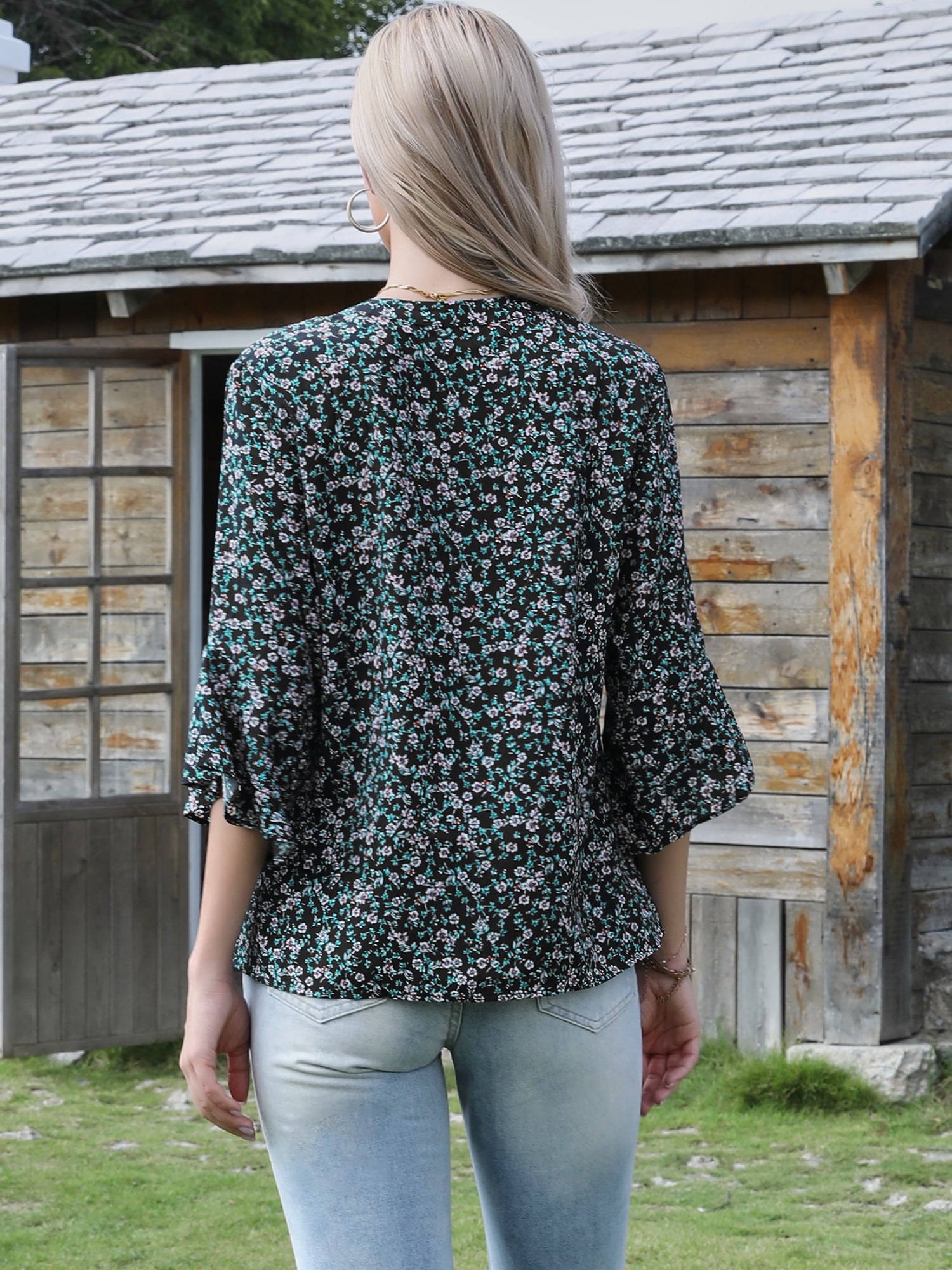 DARING DIVA Women's V Neck 3/4 Sleeves Vintage Casual Floral Shirts S Black