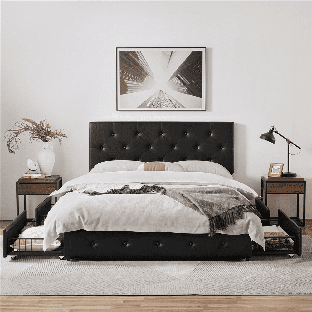 Renwick Diamond Button-Tufted Upholstered Platform Bed with Storage, Adult, Black, Queen