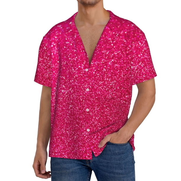Fotbe Rose Red Glitter Camisa Estampada de Manga Corta para Hombre, Casual de Verano, Estilo Playero, Sin Arrugas-4X-Large