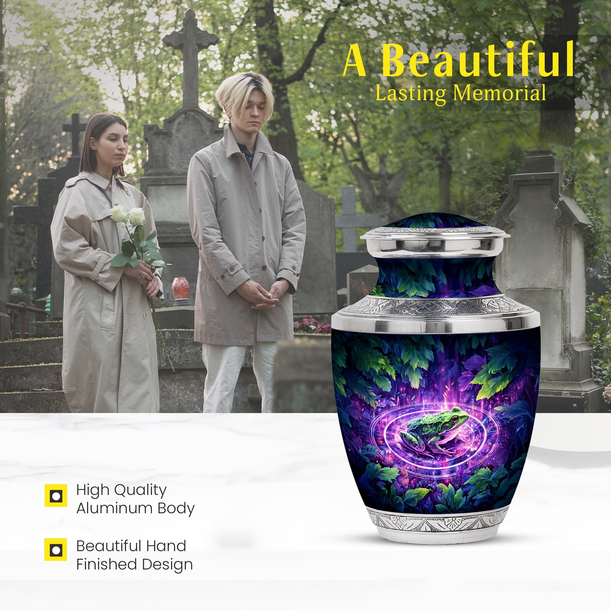 MUKTIVE Frog Memorial Urn for Human Ashes for Adult Cremation, Decorative Blue Urns for Mom Burial, Large Unique Green leaves Urns for Funeral, Cremation Urn for Men, 10 Inch