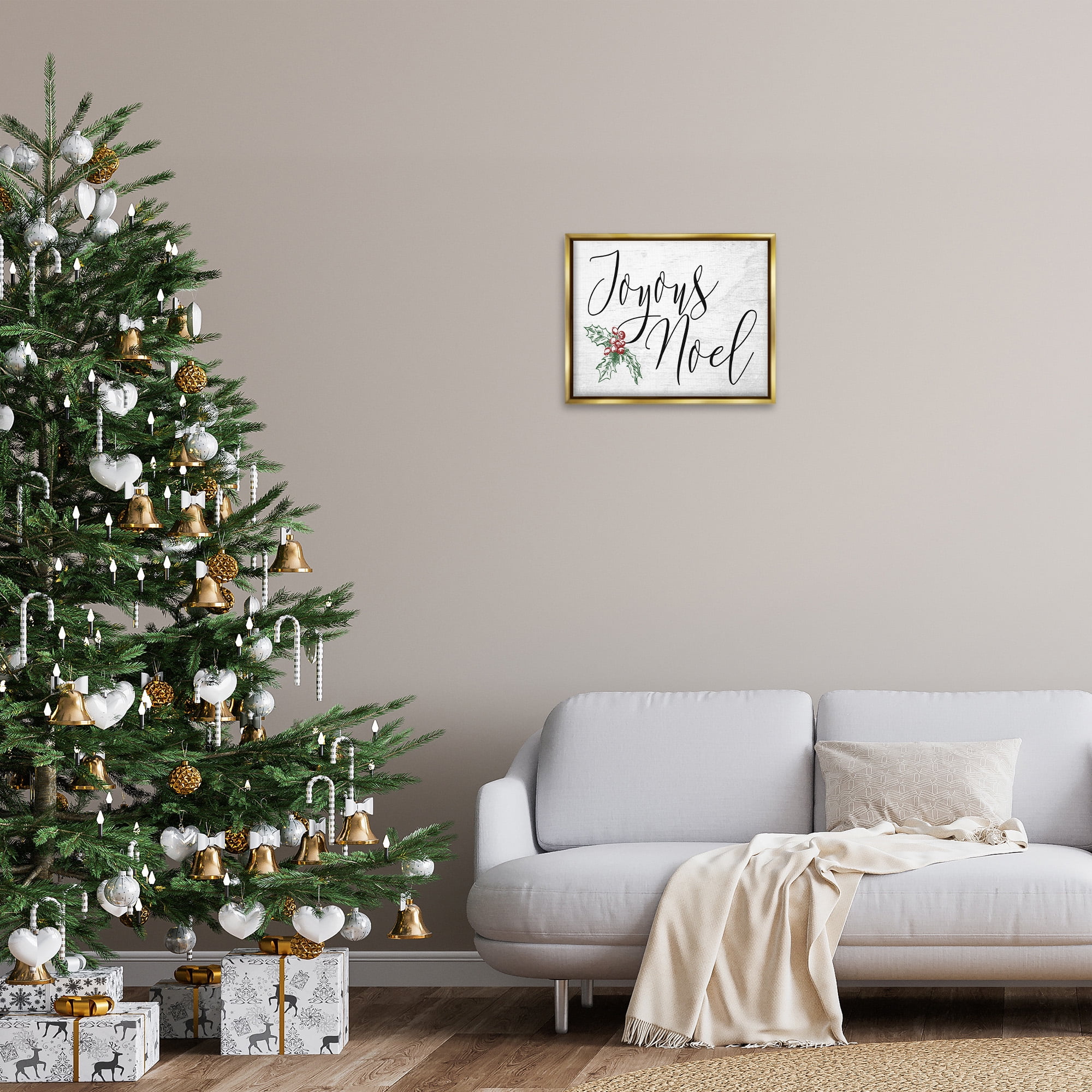 Stupell Industries Joyous Noel Christmas Botanicals Holiday Painting Gold Floater Framed Canvas Art Print Wall Art, 21 x 17
