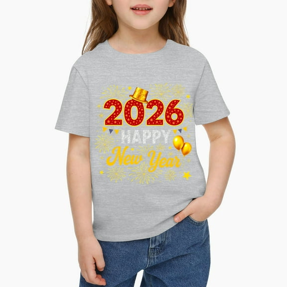 2026 Happy New Year Shirt 𝓴𝓲𝓭𝓼 Black T-Shirt With Gold Glitter Design, Festive Party Tee For New Year Celebration, Casual Holiday Top For 𝓴𝓲𝓭𝓼 90