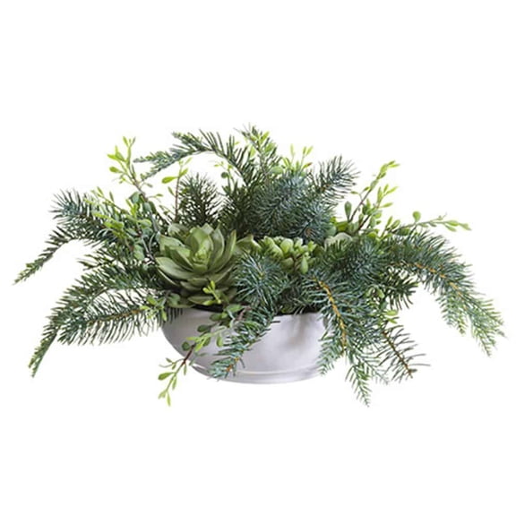 Succulent 14in Artificial Polysilk Faux Pine Greenery Fake Flower Arrangement in Round White Vase for Craft Home Christmas Winter Holiday Ceremony Wedding Floral Table Aisle Decor (Green, One Each)