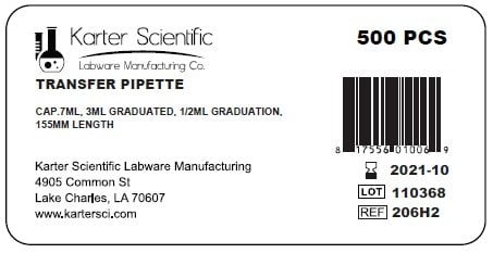 Karter Scientific 206H2 3ml Grad Transfer Pipettes, Vol 7ml, 1/2ml Grads, 155mm, (Pack of 500)