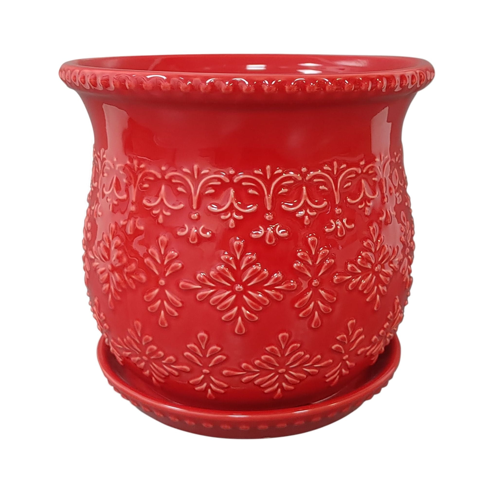 The Pioneer Woman Embossed Timeless Geo Red Planter 8 inch, Stoneware