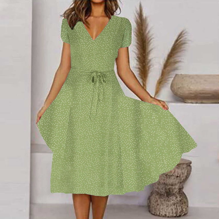 safuny Ernkv Women's Tea Length A Line Dress Floral Print Empire Waist Elegant Retro Boho Short Sleeve Holiday Summer Beach Square Neck Dress Clothing