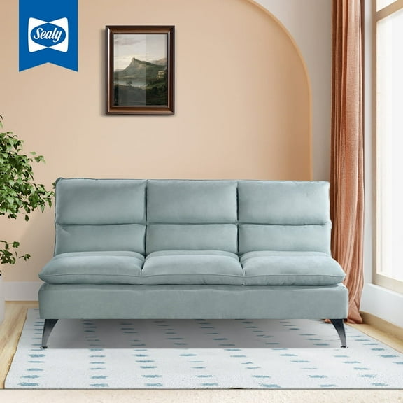 Sealy Santa Cruz Futon Sofa Convertible in Teal with Chrome Metal Legs