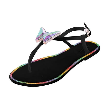 

OAVQHLG3B Sandals for Women Clearance Under $10 Women Rhinestone Flat Open Toe Slippers Shoes Comfy Sandals Casual Comfortable Beach Sandals