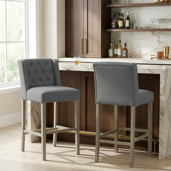 Set of 2 Aled Gray Fabric Bar Stool with Side Wings and Tufted Buttons