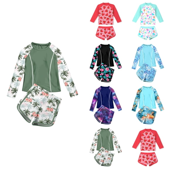 Agkizg Girls Long Sleeve Rashes Guard Set Sun Protection with Swim Cap Swimsuit for Kids Youth Teens Beach