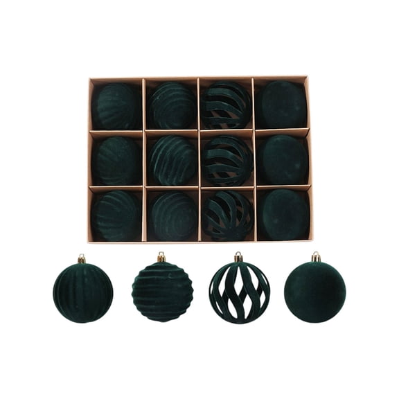 Classic Red and Green Christmas Ball Ornaments 12 Piece Set, Traditional Color Flocked Baubles for Xmas Tree and Holiday Wreath Decorating(Green)
