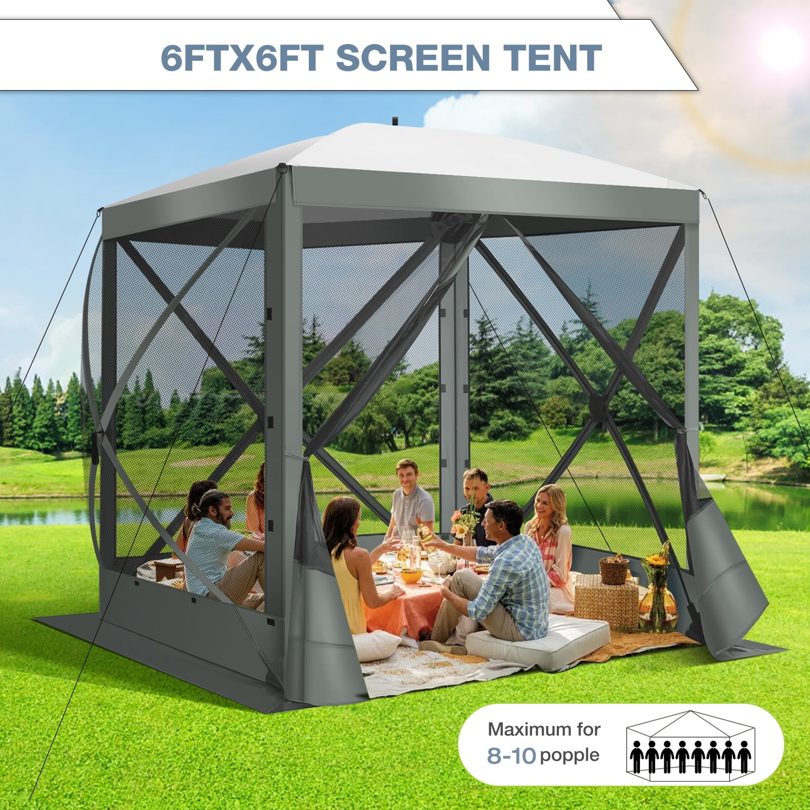 COBIZI 8x8 Pop up Gazebo, Ez up Screen Tent, Portable Outdoor Canopy Sun Shelter with Carry Bag & Ground Stakes for Camping, Garden and Picnics, Gray