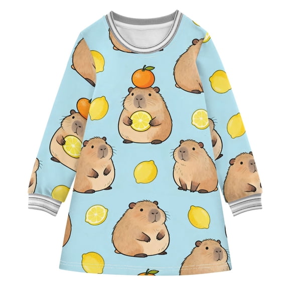 Lemon Capybara Pattern Girls'long-sleeved dress Thickened A-dress Warm Dress Basic Shirt Party Dresses