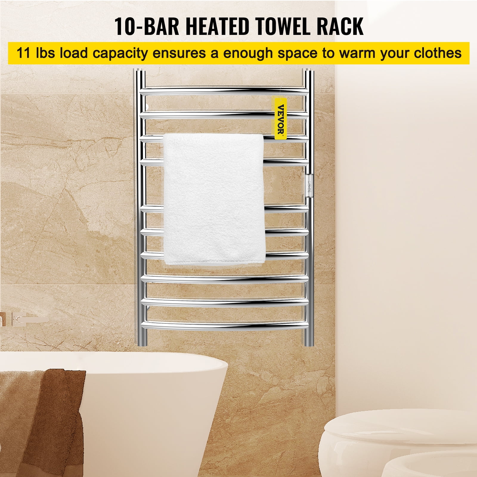 VEVOR Heated Towel Rack, 8 Bars Curved Design, Mirror Polished Stainless  Steel Electric Towel Warmer with Built-in Timer, Wall-Mounted for Bathroom,  Plug-in/Hardwired, UL Certificated, Silver | Walmart Canada