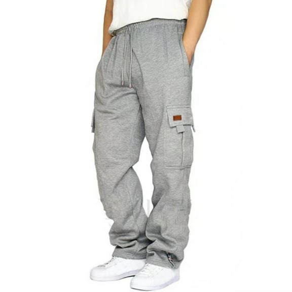 Mens Heavyweight Cargo Sweatpants Joggers Baggy Elastic Waist Drawstring Workout Pants with Pockets Winter Light Gray S