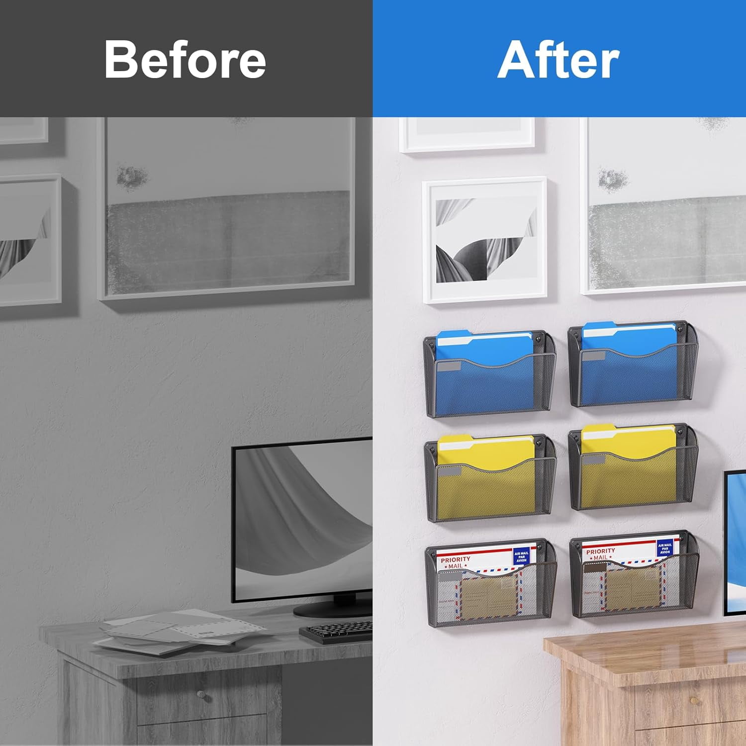 6 Pack Magnetic File Holder, Mesh Wall File Organizer File Pocket Mail Organizer Paper Folder Holder for Office/Home, No Drilling(Magnetic)