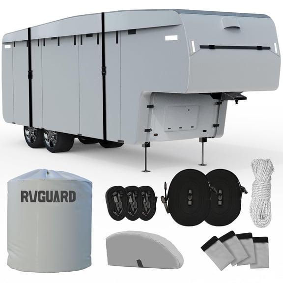 RVGUARD 5th Wheel RV Cover, Camper Cover for 29' - 33' RV, 6 Layers Anti-UV Windproof Waterproof Fifth Wheel Cover, with Storage Bag and Straps, Grey
