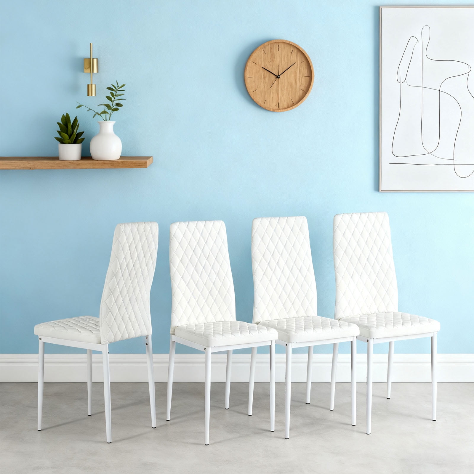 Noble House Modern Dining Chair Set of 4, Fireproof Leather Upholstery with Diamond Grid Pattern and Metal Frame,White