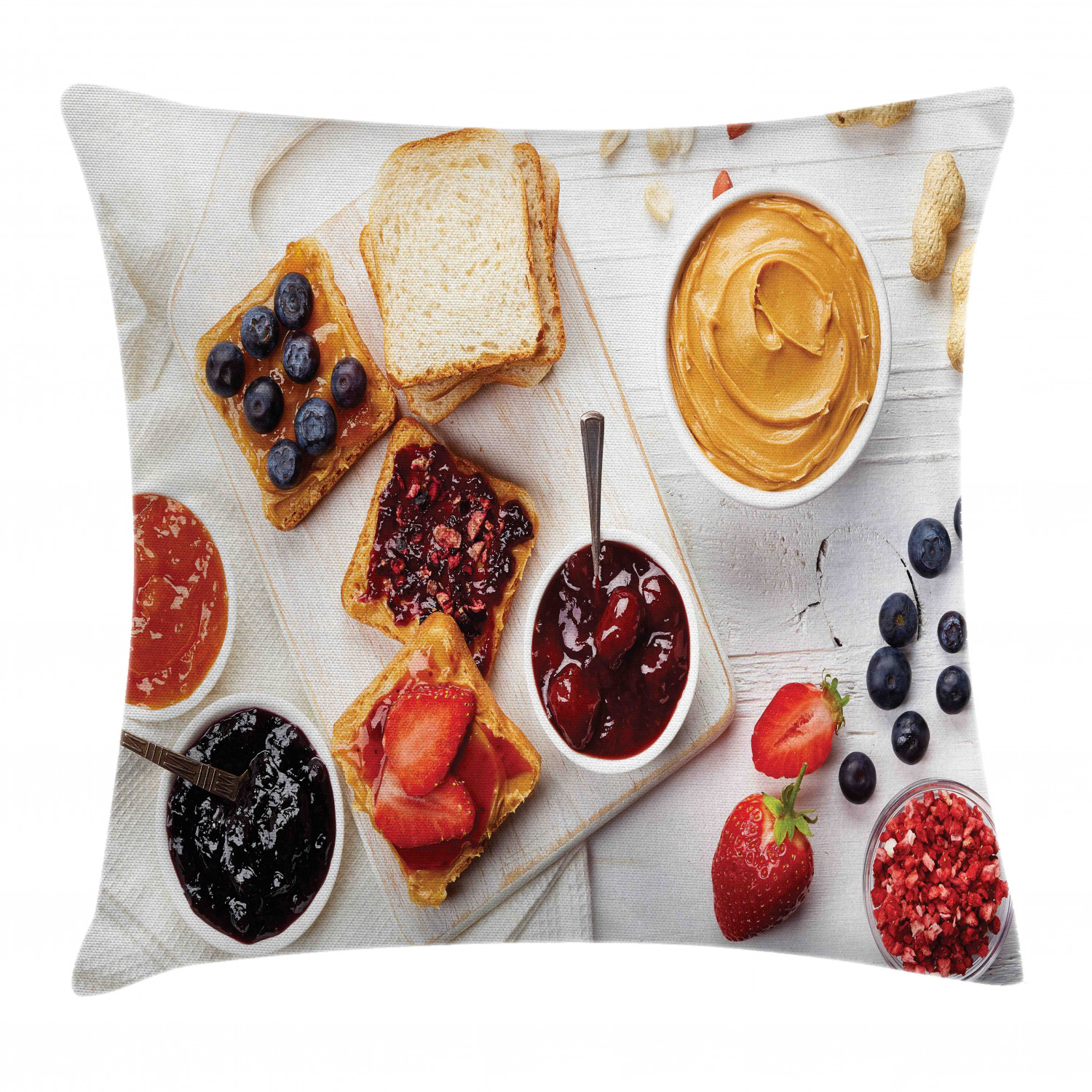 Peanut Butter Throw Pillow Cushion Cover, Sandwiches with Peanut Butter Jam and Fresh Fruits on