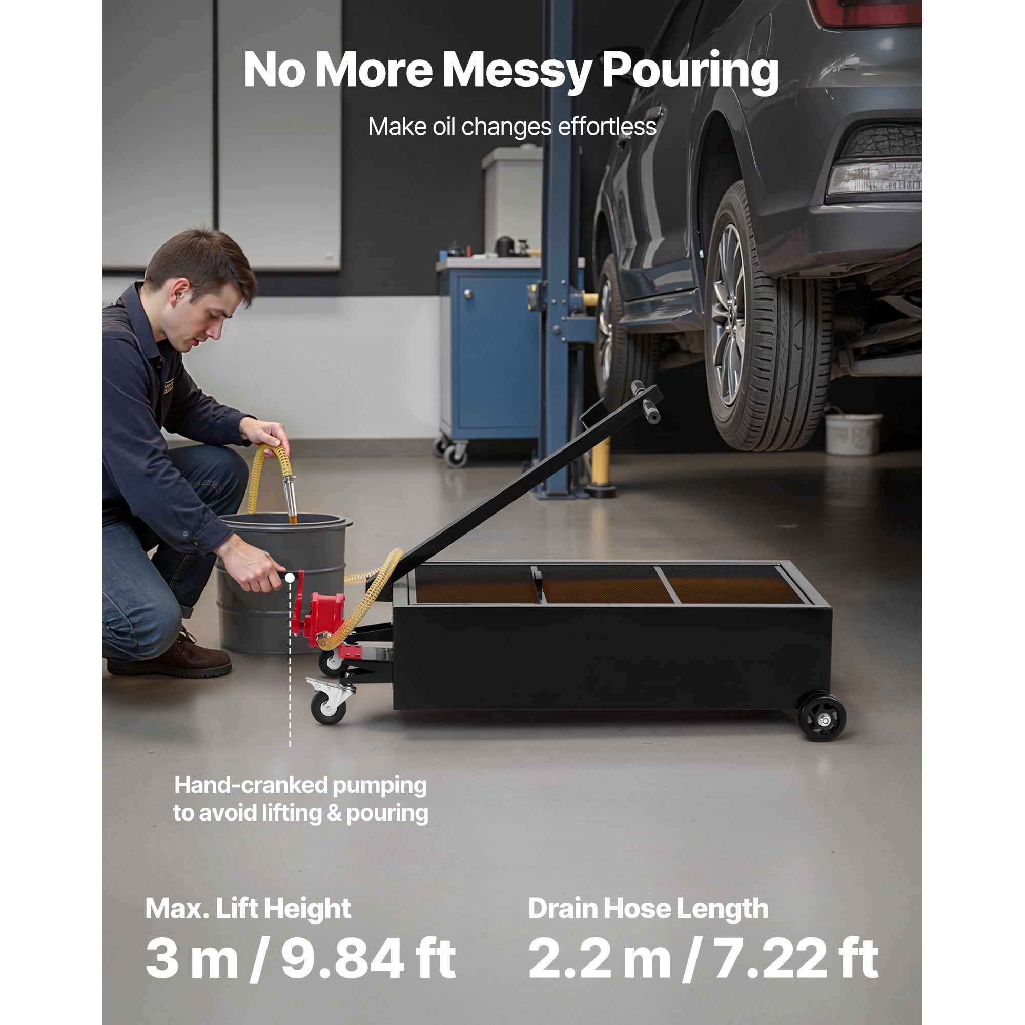 KFFKFF 25-Gallon Low-Profile Oil Drain Pan with Manual Pump, Rolling Design, 7.2 ft Hose, T-Handle, Leak-Resistant and Durable, Suitable for Cars, SUVs, Trucks, and ATVs, Black