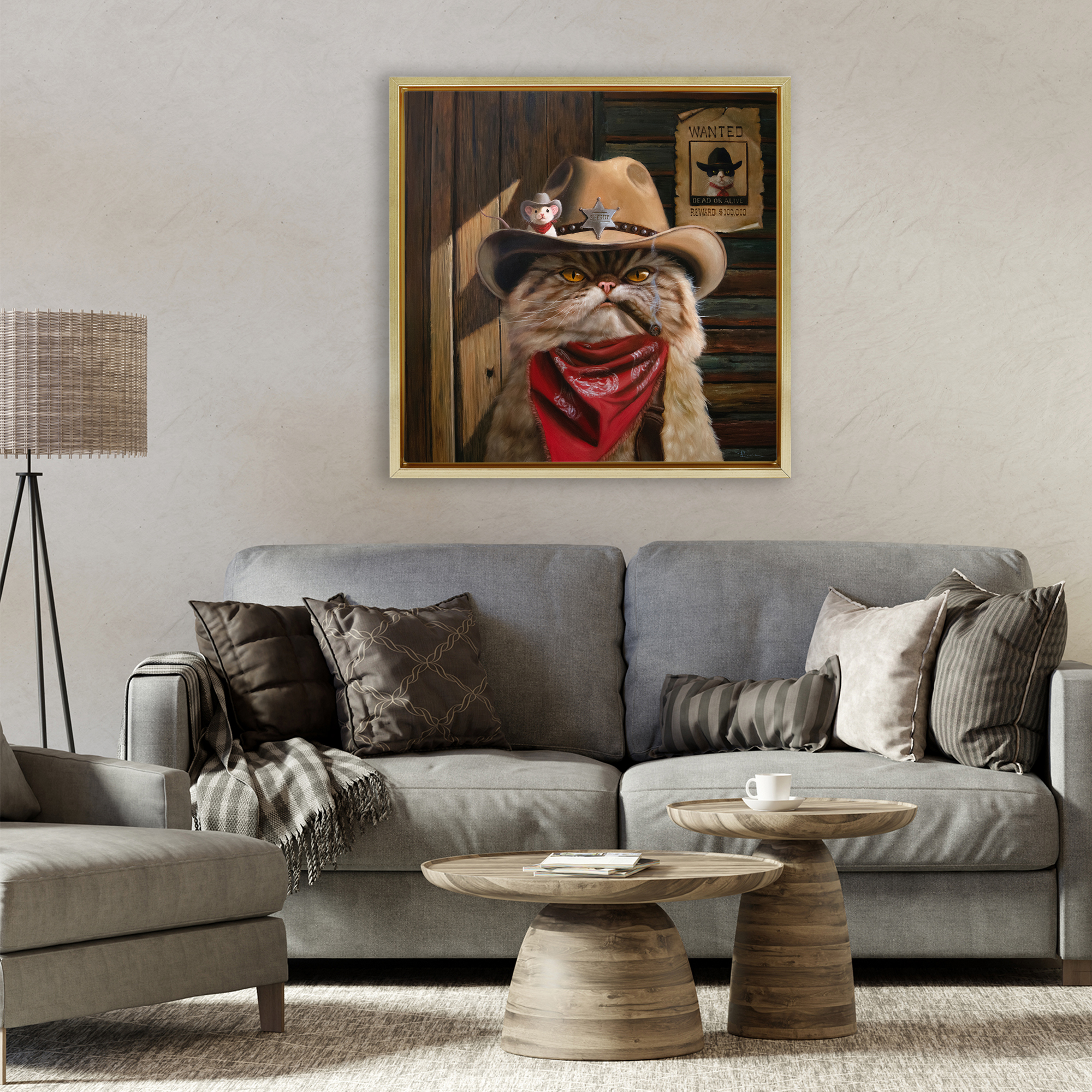 Deputy Purrkins Cat Sheriff Gold Framed Floater Canvas Wall Art, design by Lucia Heffernan
