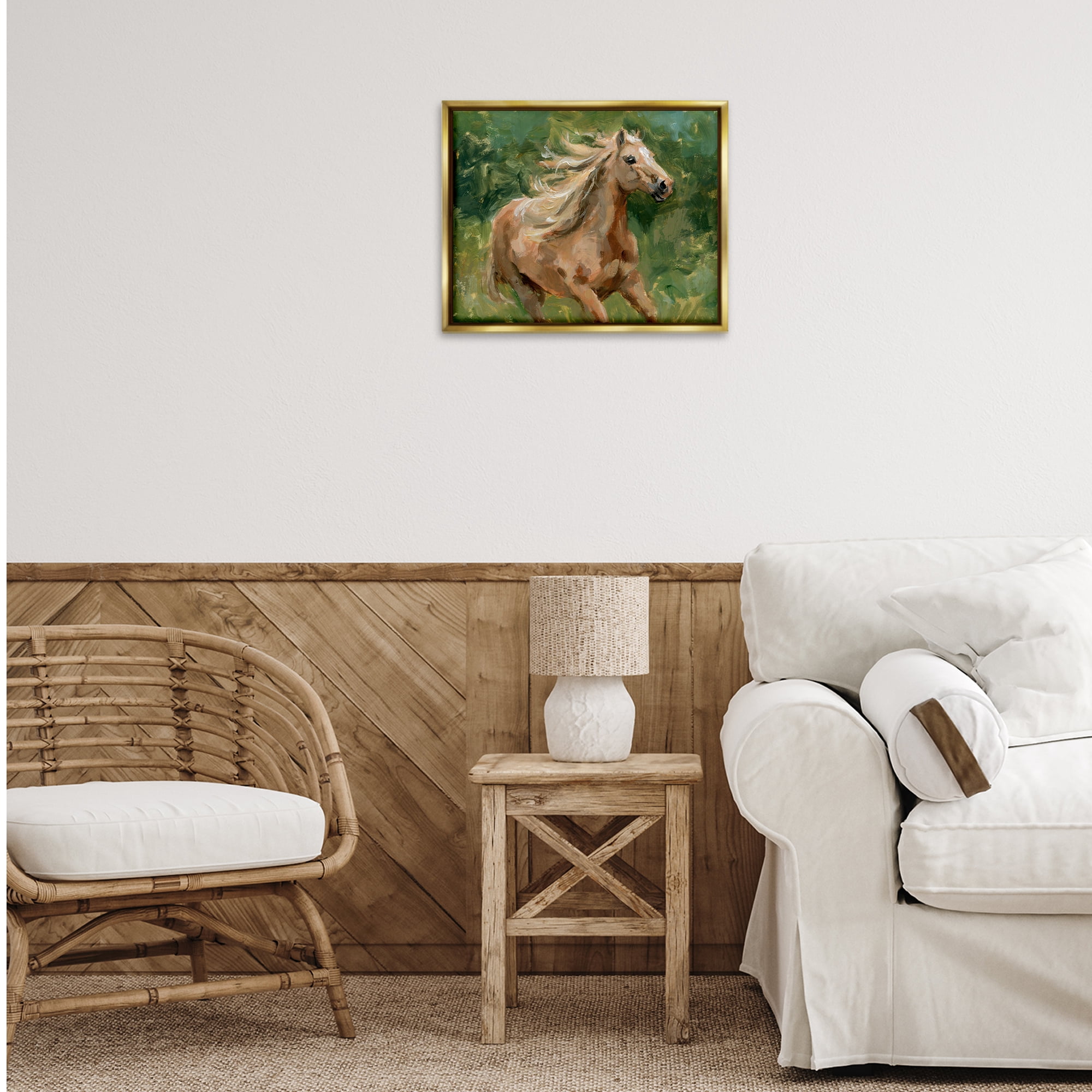 Stupell Industries Dashing Horse in Nature Animals Painting Gold Floater Framed Canvas Art Print Wall Art, 21 x 17