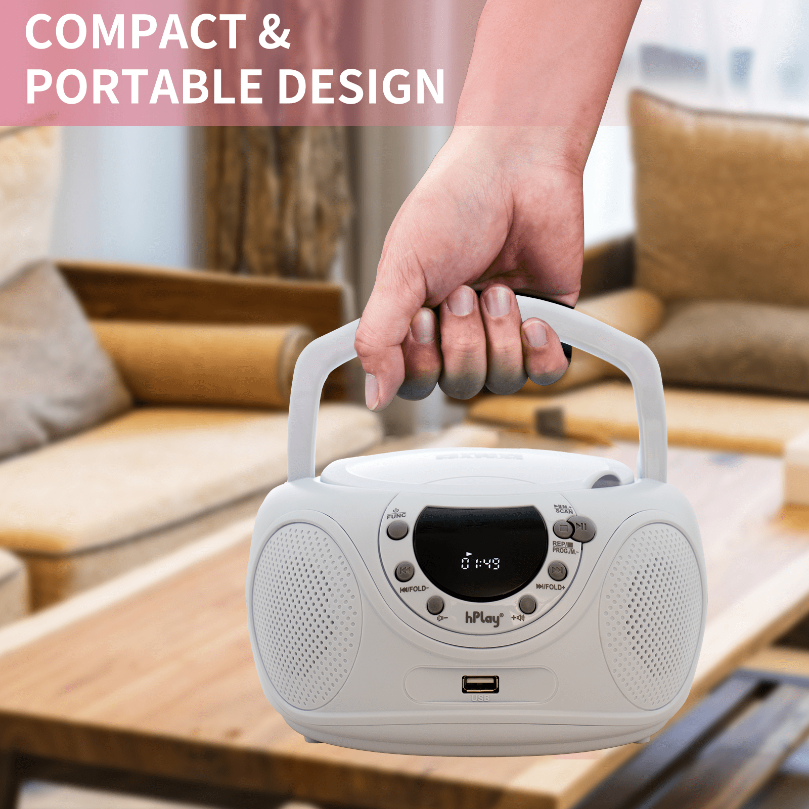 hPlay P16 Portable CD Player Boombox with Bluetooth, FM Digital Radio, USB/MP3 Playback, Aux-in & Headphone Jack - AC/Battery Powered Stereo System (White)