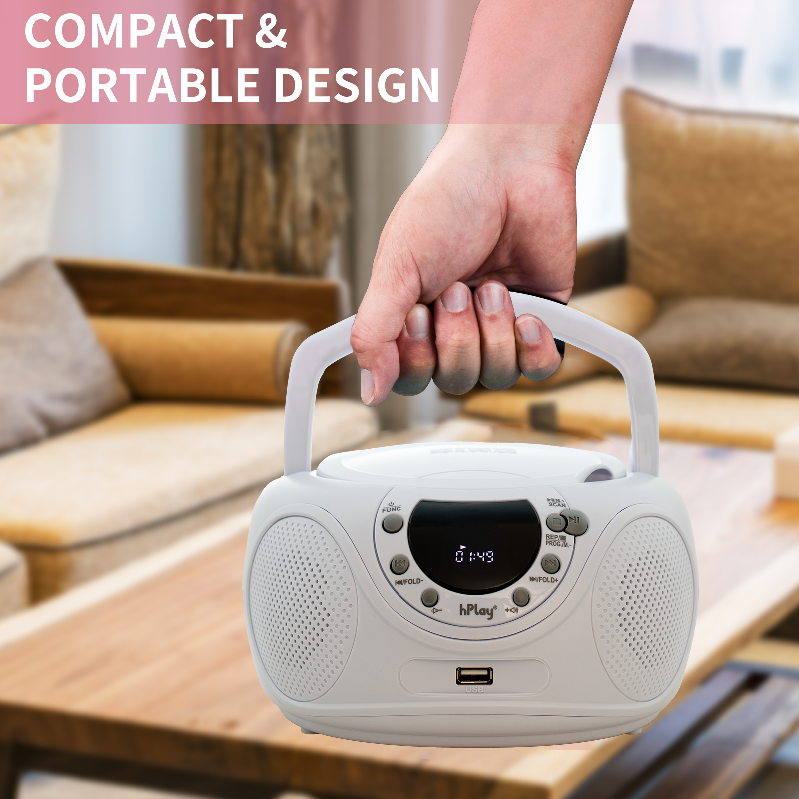 hPlay P16 Portable CD Player Boombox Bluetooth White photo 4