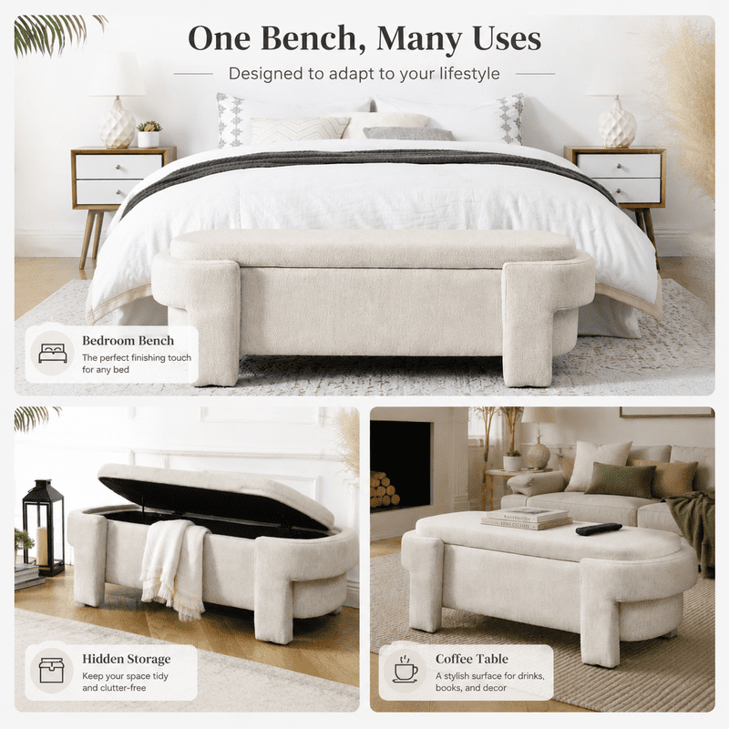 51.5" Large Storage Ottoman Bench for Bedroom, Upholstered Linen End of Bed Bench with Hidden Storage, 250 lbs Capacity, Entryway Shoe Bench Seat, No Assembly, Beige