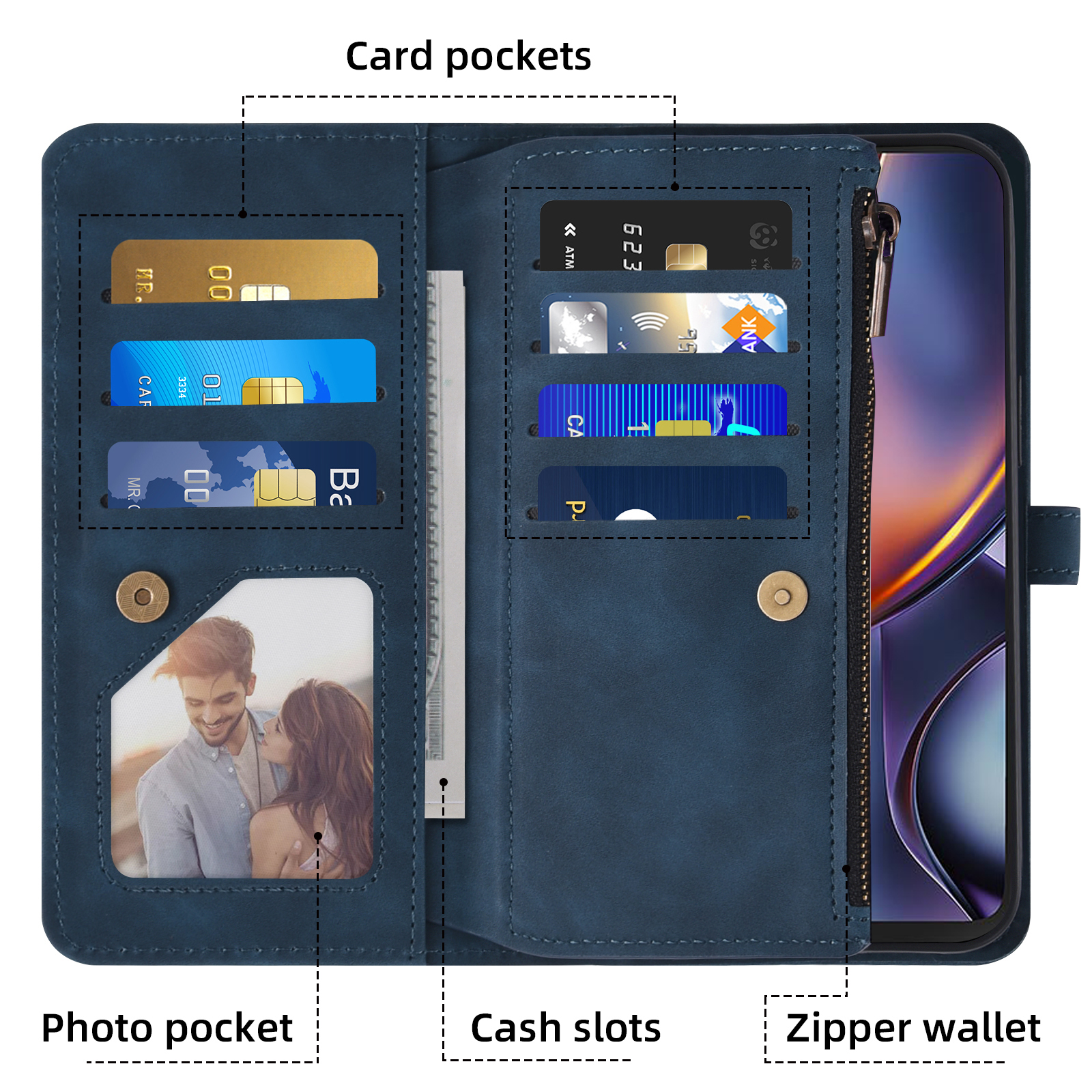 Asuwish Phone Case for Motorola Moto G 5G 2025 Wallet Cover With Tempered Glass Screen Protector Crossbody Wrist Strap Flip Pattern Zipper Credit Card Holder Stand Slot Cell G5G 5 G G5 Women Men Blue