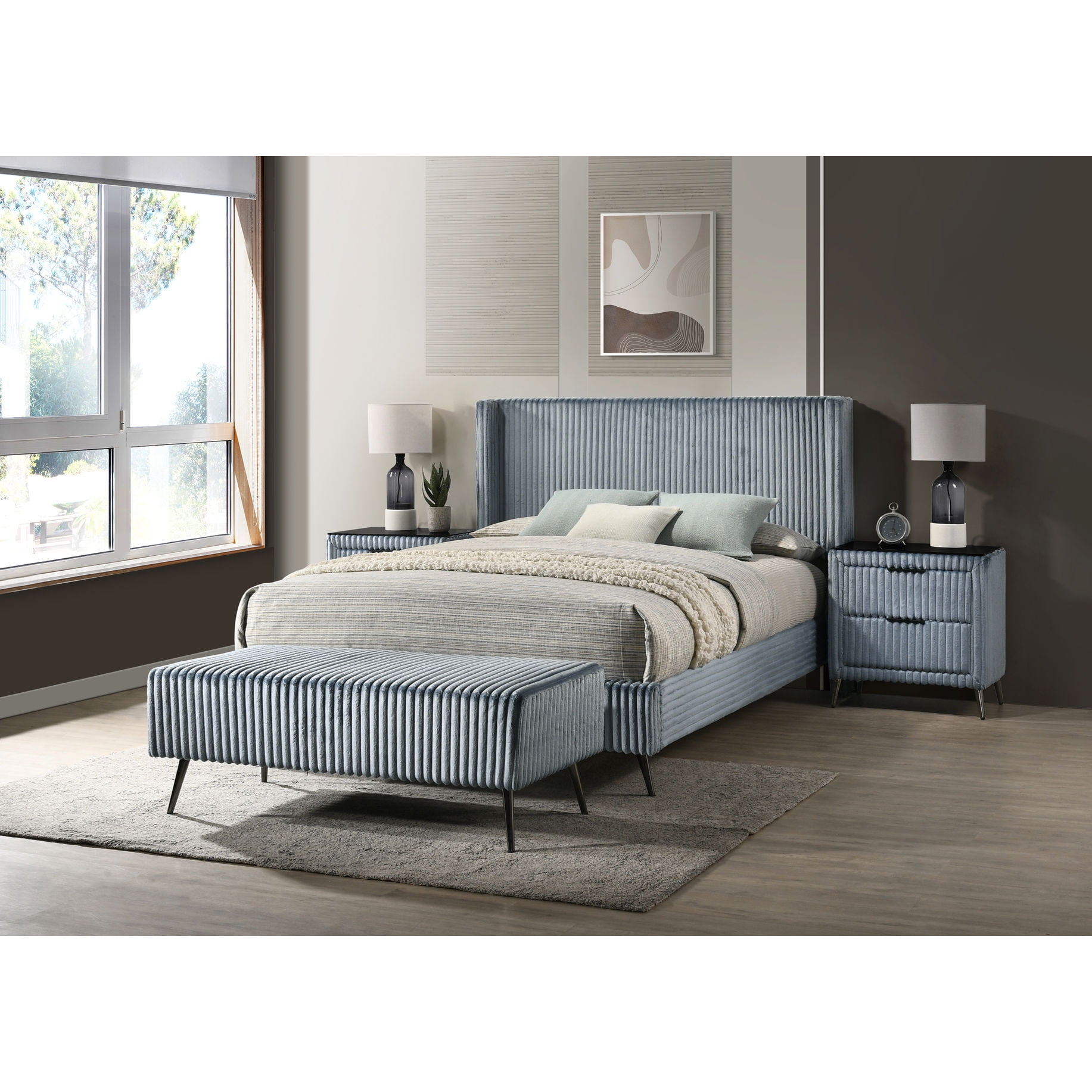 Bedroom Furniture Gathering | Queen-sized Bed 2 Nightstands & Bench for Bedroom Ambiance | Blue Corduroy Upholstered Bedroom Set | Addresses Bedroom Functionality and Storage Requirements