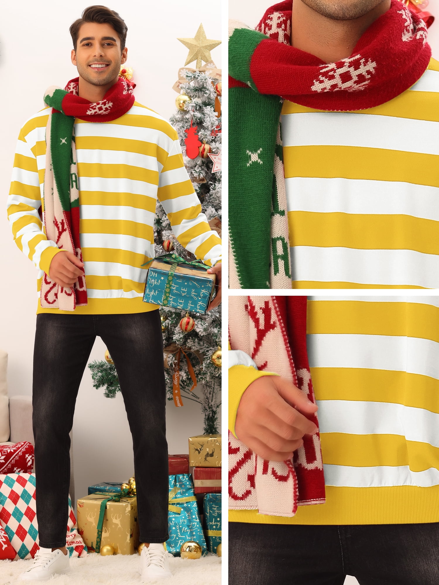 Unique Bargains Men's Striped Crew Neck Pullover Color Block Sweatshirts 2XL Yellow White
