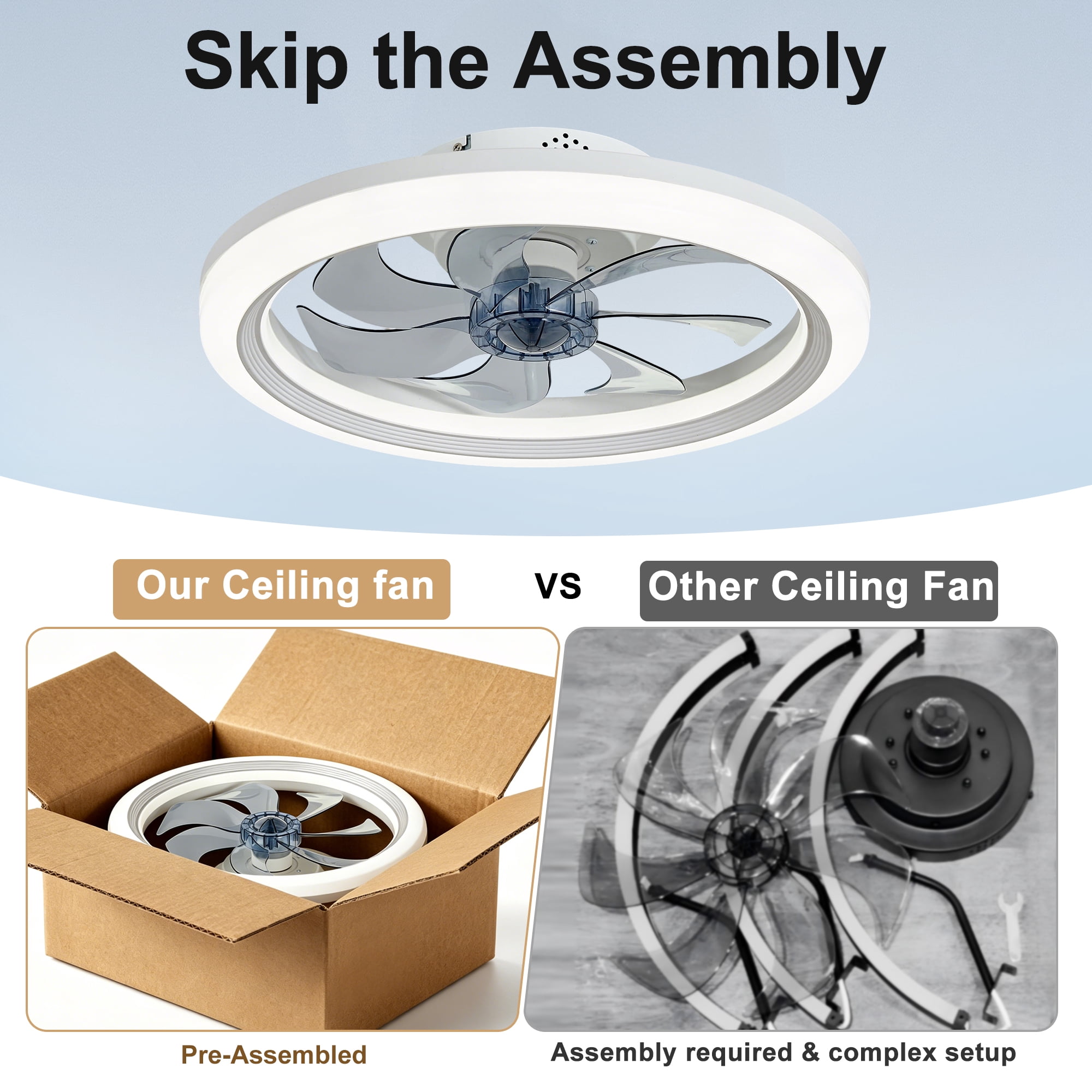 LISUNAR Ceiling Fans with Lights and Remote,20" Low Profile Ceiling Fan with Light,Dimmable LED Smart Ceiling Fan,Modern Flush Mount Fan Light,Bladeless Ceiling Fans for Bedroom,Living Room-White