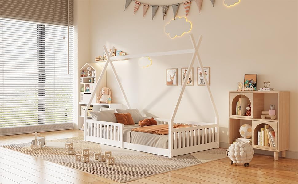 GLZ'HOME Twin House Bed with Fence, Modern Wood Montessori Floor Bed Frame Twin with Guardrails for Boys and Girls Bedroom, No Box Spring Needed (White)