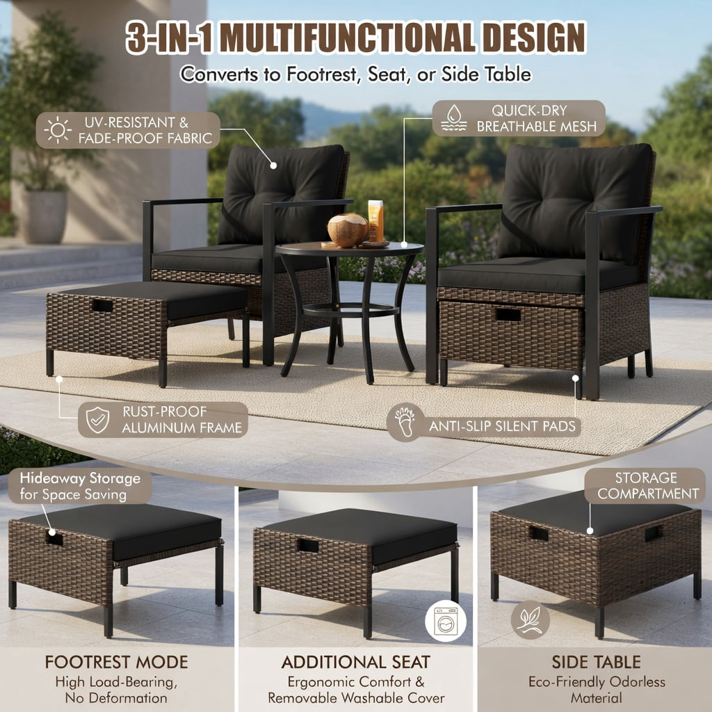 Hommoo 4-Piece Modern Outdoor Wicker Furniture Set with Tempered Glass Coffee Table, PE Rattan & Metal Frame, Black