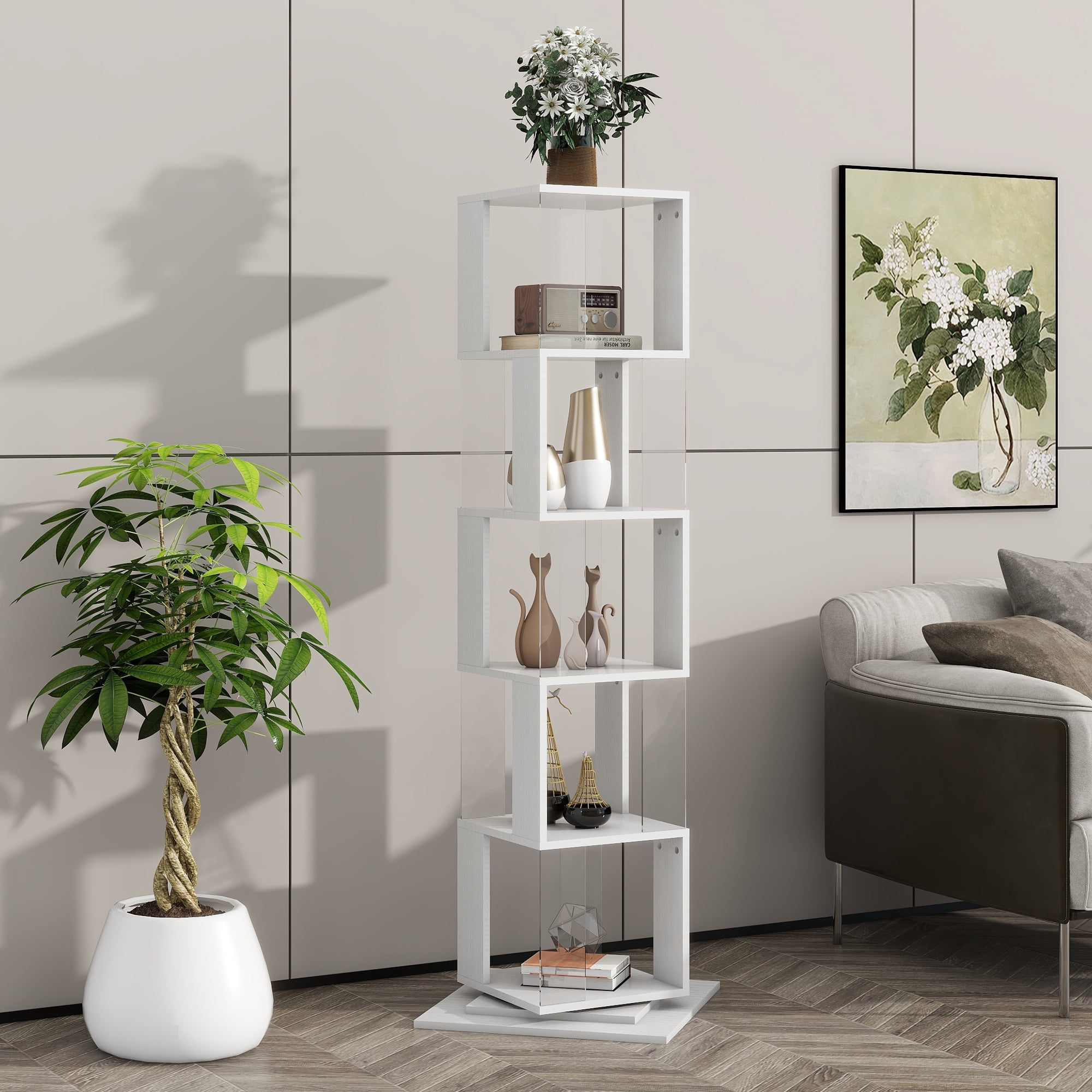 MAYEERTY 5-Tier Rotating Bookshelf, Space-Saving Bookcase with Acrylic Plate & Anti-Tipping Base