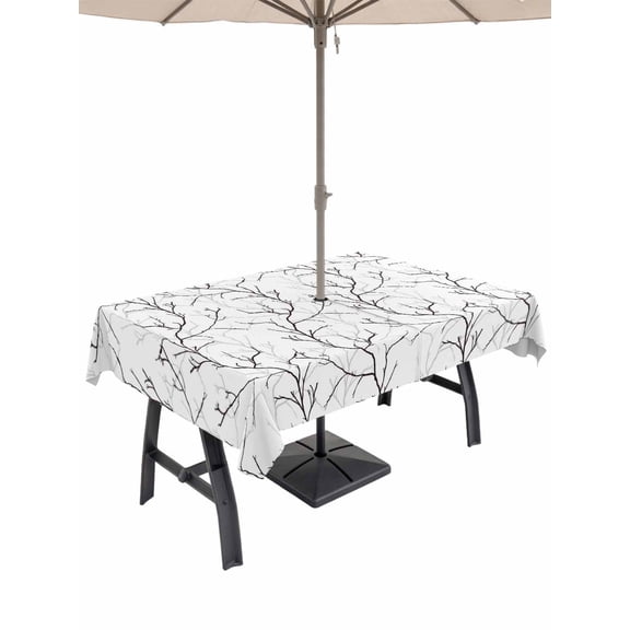 Outdoor Tablecloths with Umbrella Hole & Zipper, Black White Branches 54x80 Inch Tablecloth Rectangle, Vintage Art Farmhouse Waterproof Table Cloth, Patio/Pool/Picnic Table Covers