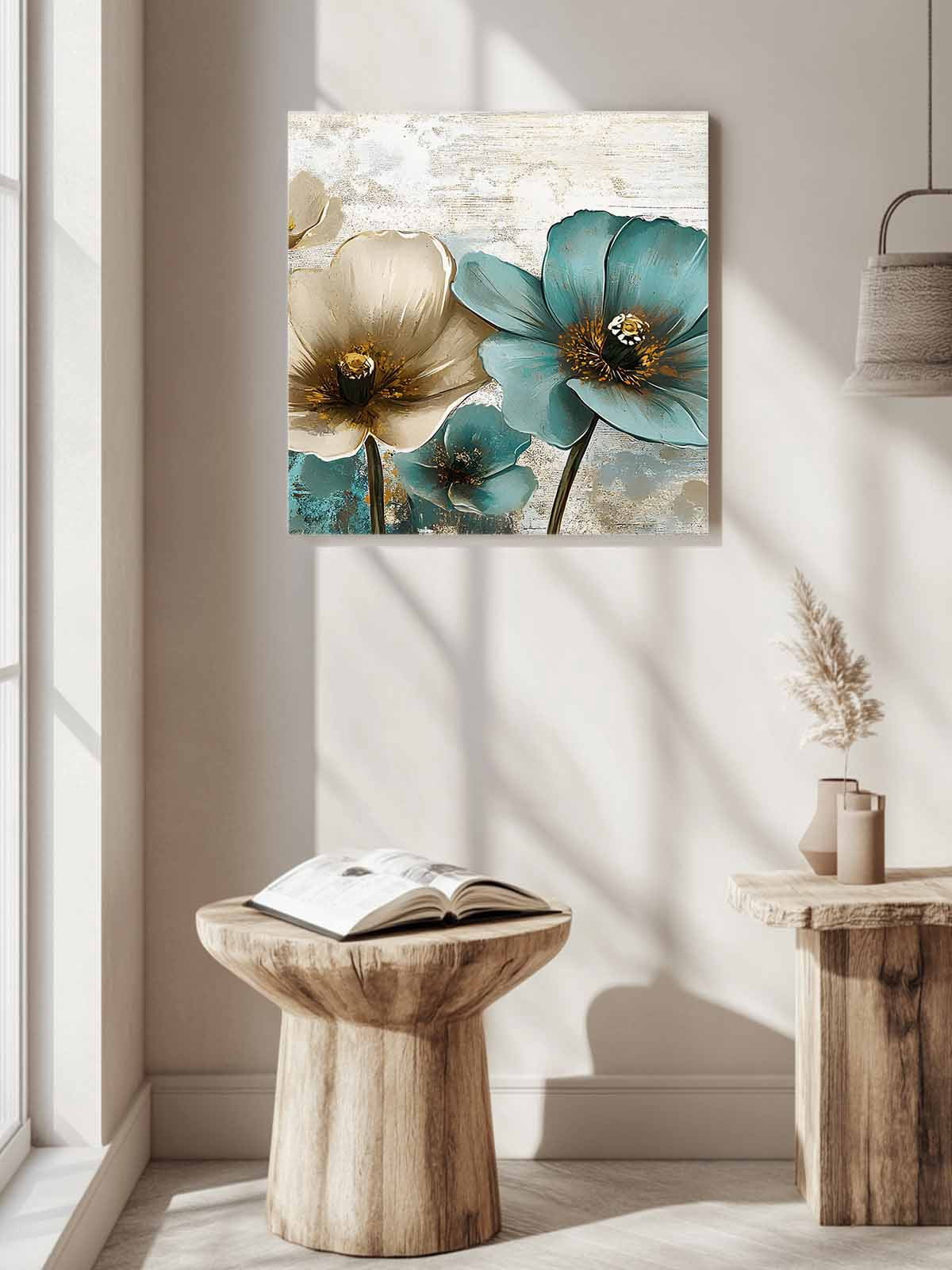 Retro Beige Teal Flowers Canvas Wall Art, Vintage Background Pastoral Style Framed Wall Decor Modern Artwork Prints Painting for Living Room, Bedroom, Kitchen & Cafe Decor 16x16 Inch