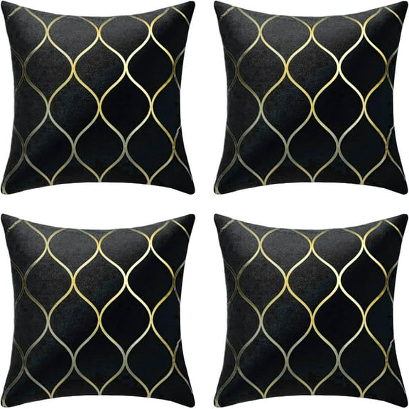 Gyulin Pack of 4 Gold Velvet Throw Pillow Covers 18x18 Inches Solid Square Pillow Covers Geometric Cushion Covers for Couch Sofa Home Bedroom Decor, Black