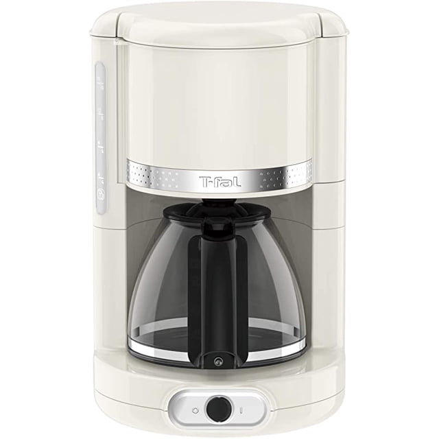 cafetera soleil t-fal cm382a52 blanco cafetera eléctrica de goteo blanca con jarra de vidrio y asa negra, vista frontal centrada que muestra el visor de nivel de agua lateral, banda plateada con logo T-fal y botón giratorio frontal; también suele usarse para preparar café para reuniones pequeñas.