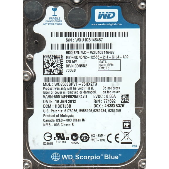 WD7500BPVT-75HXZT3, DCM HBOTJBB, Western Digital 750GB SATA 2.5 Hard Drive