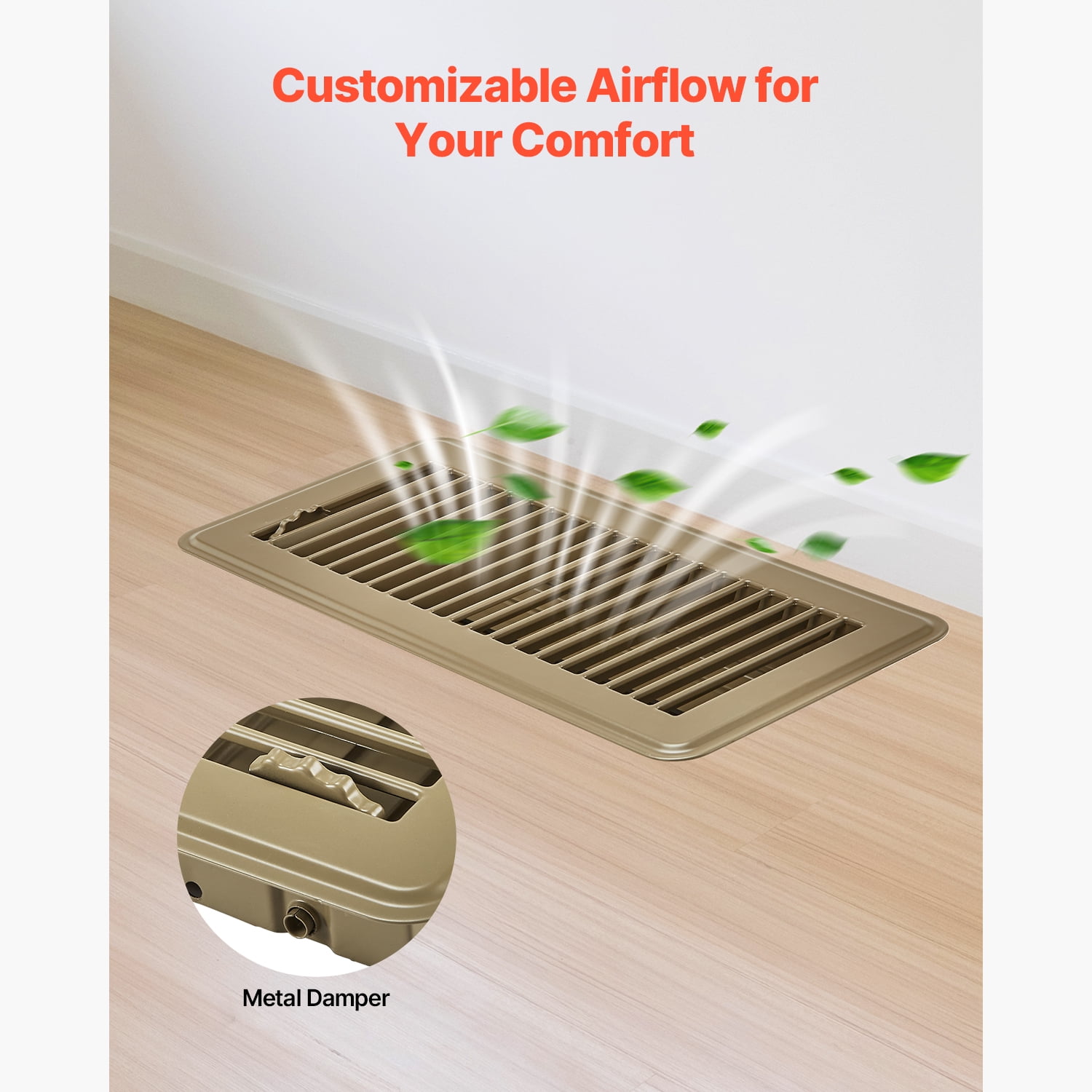 KFFKFF 4 x 10 Inch Floor Registers, 6-Pack Vent Covers, Durable Iron Floor Vents for HVAC Systems, Adjustable Rust-Resistant Airflow Control with Metal Damper