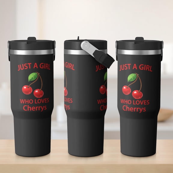30oz Cherry Tumbler with Handle Insulated Stainless Tumbler ,Travel Home Office Coffee Cup Water Bottle,Mug Cup,Gifts for Women