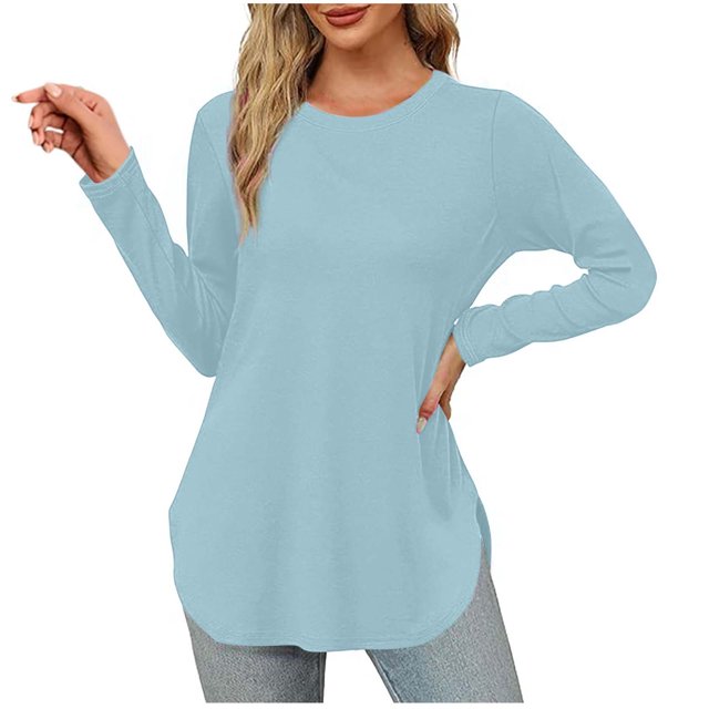 Yuyuzo Hauts pour Femmes Col Rond Manches Longues Fente Latérale Couleur Unie Tunique Décontractée Basique Automne