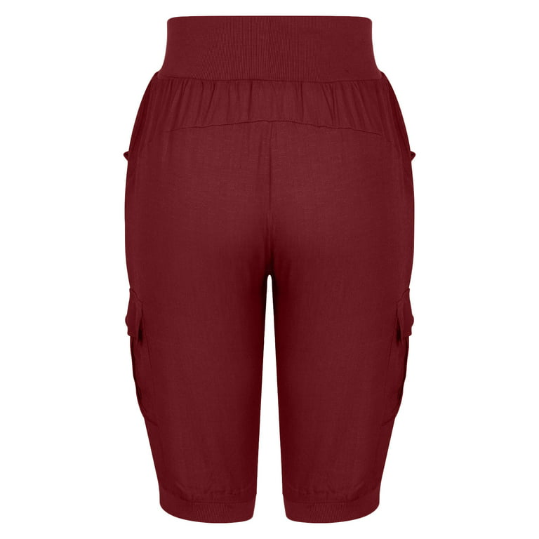 Capri Pants for Women Cotton Linen Plus Size Cargo Pants Capris Elastic  High Waisted 3/4 Slacks with Multi Pockets (X-Large, Wine) 