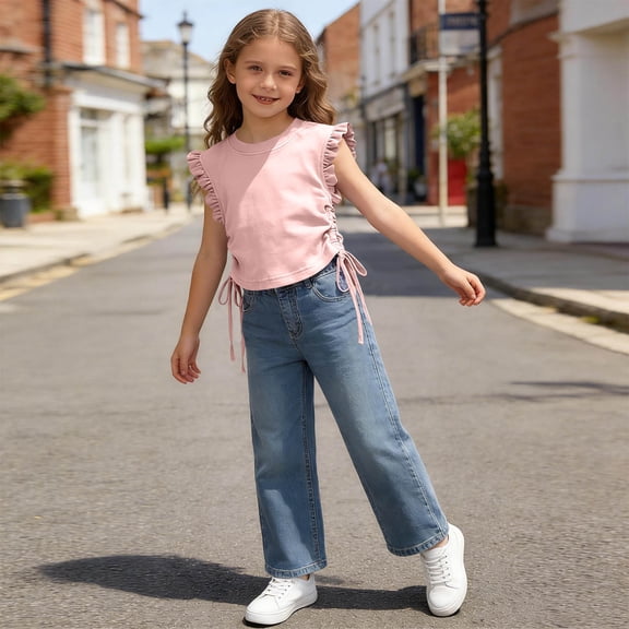 Eltusu T-Shirts for Girls, Fashion Flutter Short Sleeve Crewneck Summer Kids Tee Pink Size 8 T