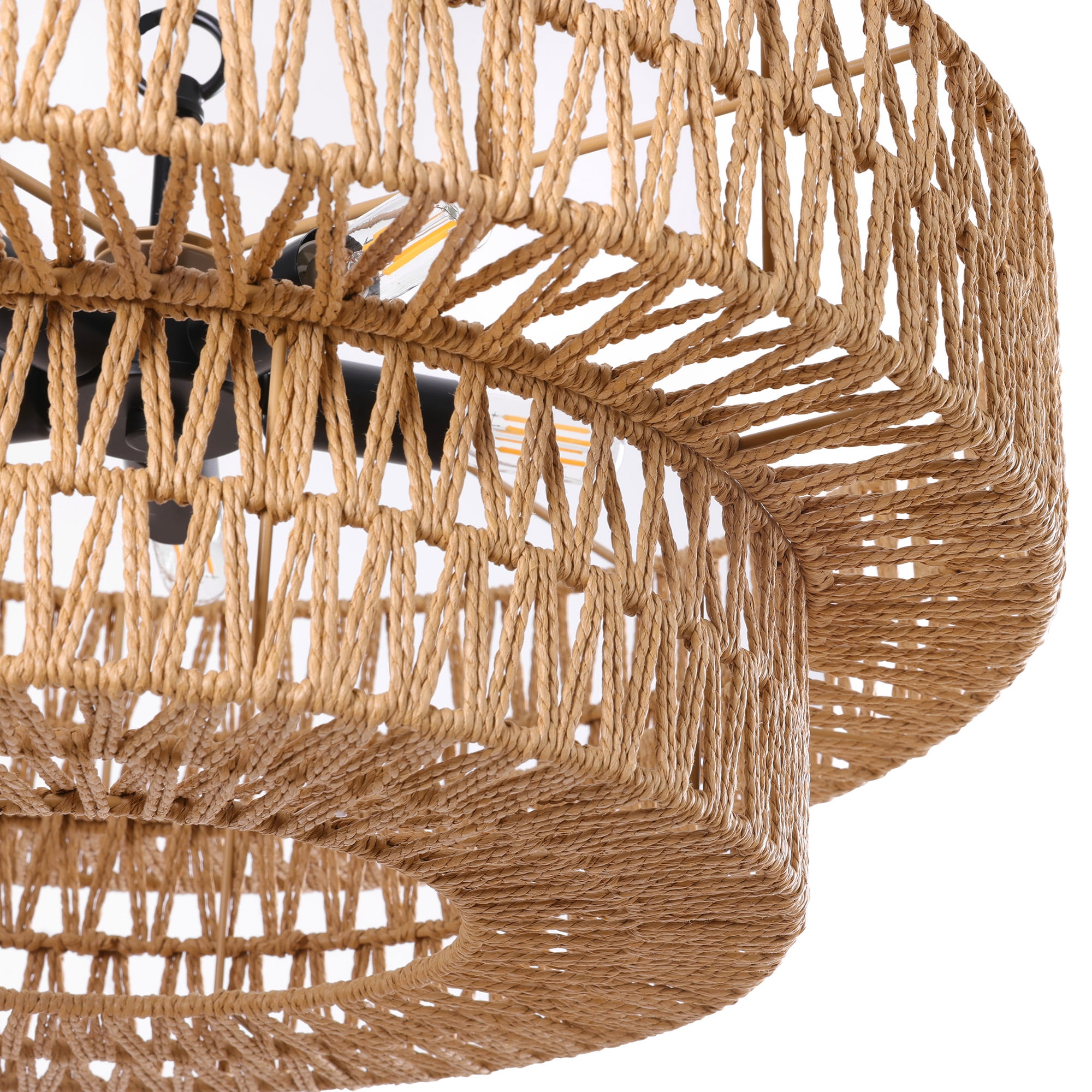 22"Farmhouse Hand-Woven Rattan Chandeliers for Dining Room 5-Light Boho Chandelier with Hand Woven Wicker Shade 3-Tier Large Rattan Pendant Lights Ceiling Hanging Lighting Kitchen Island